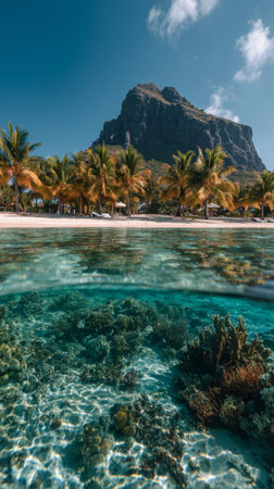 Crystal clear waters reveal vibrant coral reefs near a tropical island with lush palm trees under a bright blue skyの素材
