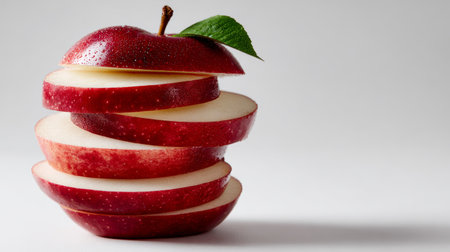 Sliced red apple stacked in a creative arrangement with a green leaf on topの素材