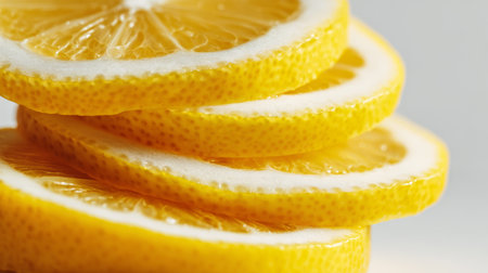 Fresh lemon slices stacked with bright yellow color and juicy texture in a clean backgroundの素材