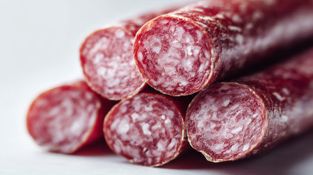 Freshly sliced salami stacked on a clean surface showcasing rich color and texture in a well-lit settingの素材