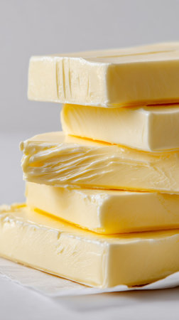 Stacked butter blocks on a neutral background showcasing their smooth texture and creamy colorの素材