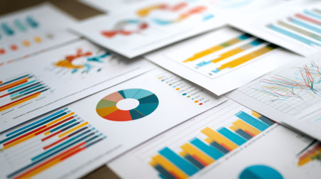 Visual representation of data analysis with colorful charts and graphs laid out on a table for reviewの素材