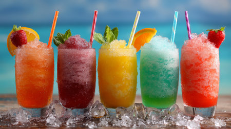 Colorful frozen drinks displayed on a table with a tropical beach backdrop in bright sunlightの素材