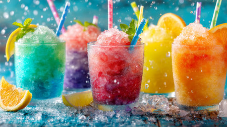 Refreshing colorful slush drinks with fruit garnishes on a wooden table in bright summer sunlightの素材