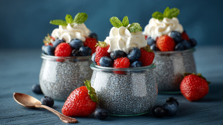 Delicious chia seed pudding topped with fresh berries and whipped cream on a wooden tableの素材