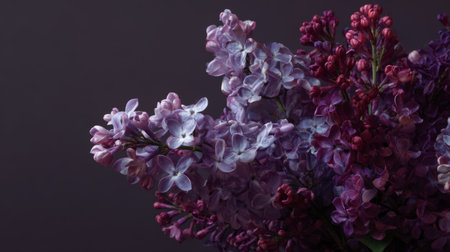 Colorful lilac flowers in close-up against a dark background showcasing their vibrant hues and delicate petalsの素材