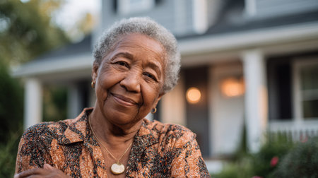 Elderly woman smiling while standing in front of her house during daytime, showcasing joy and warmthの素材