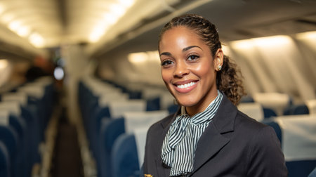 Flight attendant smiles warmly in an empty airplane cabin during a boarding process at the airportの素材