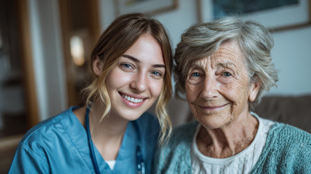 Young caregiver and elderly woman share a warm moment in a cozy living room filled with natural lightの素材