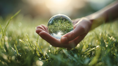 Hand holding a crystal ball reflecting grass in a sunlit outdoor settingの素材