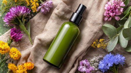 Natural green beauty product surrounded by vibrant flowers on a textured fabric backgroundの素材