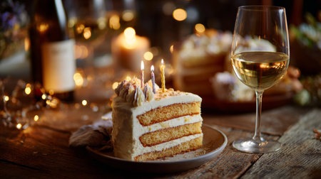 Celebration cake with candles and wine in a cozy evening setting with warm lightsの素材