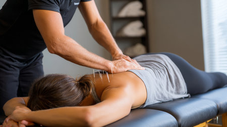 Massage therapy session with acupuncture in a wellness center during the afternoonの素材