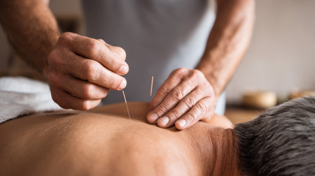 Technique for relaxation through acupuncture in a serene spa setting during a wellness sessionの素材