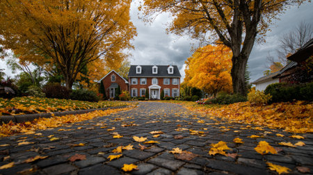 Autumn scenery highlights a charming brick house with vibrant yellow leaves lining the driveway on a cloudy dayの素材