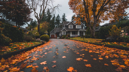 Beautiful autumn landscape features a charming house surrounded by vibrant orange and yellow leavesの素材