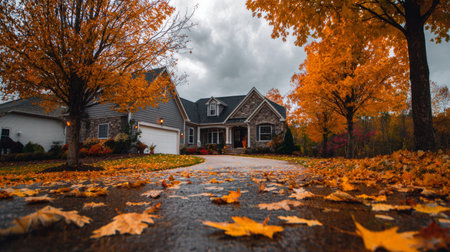 Vibrant autumn scene of a cozy house surrounded by colorful trees and fallen leaves on a cloudy dayの素材