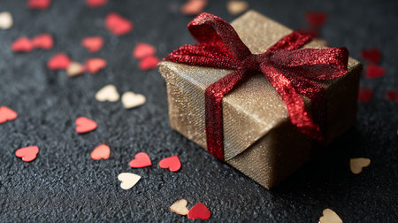 Beautifully wrapped gift box surrounded by heart-shaped confetti for a special occasionの素材