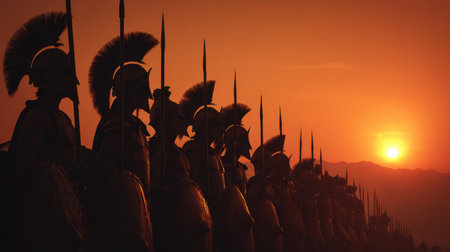 Silhouetted warriors stand tall against a vibrant sunset in an ancient battle formationの素材