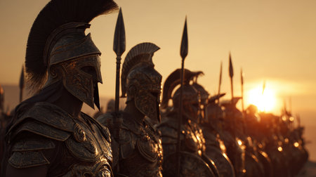 Warriors stand in formation during sunset with golden sky and ancient armor reflecting the last rays of lightの素材