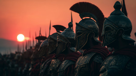 Warriors stand in formation against a sunset backdrop during a historical reenactment event in a vast outdoor arenaの素材