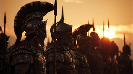 Warriors stand in formation during sunset, ready for battle on an ancient battlefieldの素材