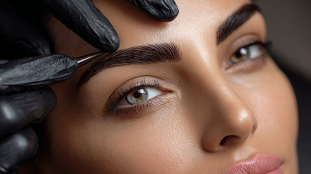 Perfectly shaped eyebrows being sculpted in a beauty salon during a skincare sessionの素材