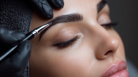 Experienced artist shaping perfect eyebrows during a beauty treatment in a modern salonの素材