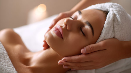 Woman enjoys relaxing facial treatment in a serene spa environment during a soothing wellness sessionの素材