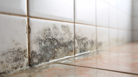 Mold growth on bathroom tiles and grout after water exposure reveals cleaning challenges in home maintenanceの素材