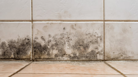 Mold growth on bathroom tiles due to humidity and inadequate ventilation in a residential settingの素材