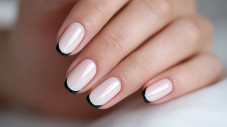 Elegant manicure featuring soft pink polish with striking black tips showcased indoors in calm lightingの素材