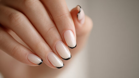 Elegant black-tipped manicure showcases refined nail art against soft backgroundの素材
