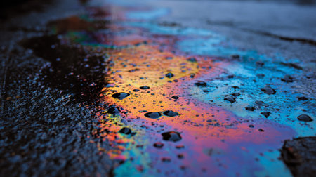 Puddle reflecting vibrant colors after rain on a city street during the eveningの素材