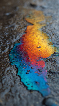Colorful oil spill creates stunning rainbow effect on wet pavement after rain in an urban area during the afternoonの素材