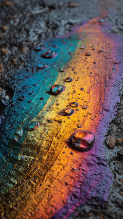 Water droplets on a colorful oil slick on a textured surface during daylightの素材