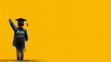 Young graduate celebrating achievement in front of bright yellow wallの素材