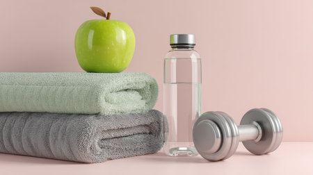 Health and fitness essentials arranged on a light background featuring towels, a water bottle, a dumbbell, and an appleの素材