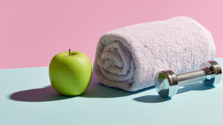 Exercise essentials featuring a green apple, towel, and dumbbell on a colorful surfaceの素材