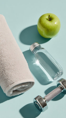 Fitness essentials including workout towel, water bottle, green apple, and dumbbell on a light blue backgroundの素材