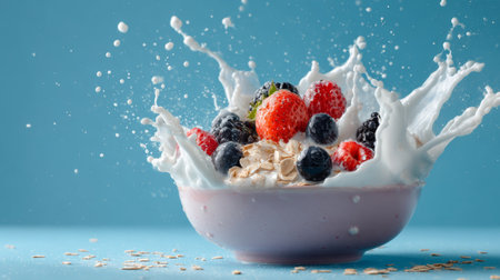 Delicious bowl of cereal with fresh berries and milk splashing in vibrant blue backgroundの素材