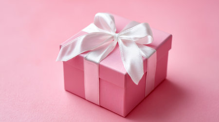Delicate pink gift box with a satin ribbon on soft pink background creating a charming presentation for special occasionsの素材