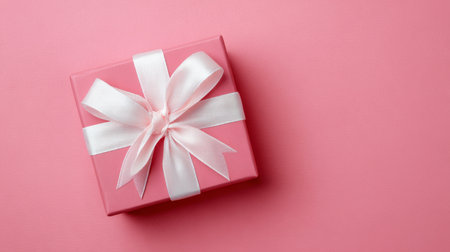 Gift box with a white ribbon on a pink background, perfect for celebrations and special occasionsの素材
