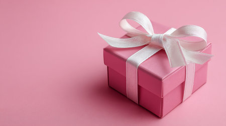 Small pink gift box with white ribbon on a soft pink background, perfect for celebrations or special occasionsの素材