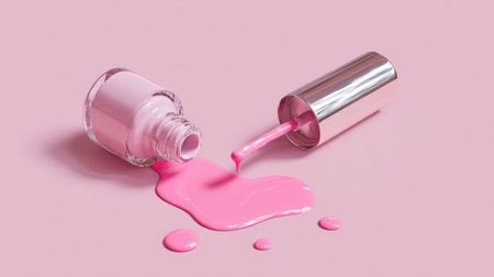 Bright pink nail polish spills from glass bottle on soft pink background during creative beauty sessionの素材
