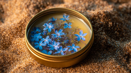 Colorful blue flowers enclosed in a round container resting on sandy surface under bright sunlightの素材