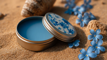 Blue floral tin open on sandy beach with ocean rocks and delicate flowers scattered around in soft sunlightの素材
