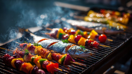 Grilled fish and colorful vegetable skewers cooked over an open flame at a summer outdoor barbecueの素材