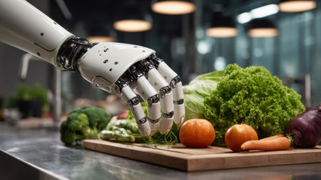 Robot hand selects fresh vegetables in a modern kitchen workspace during meal preparationの素材