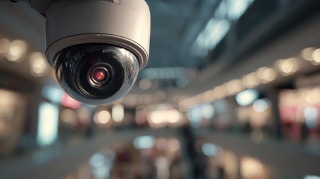 Security camera monitoring shoppers in a busy retail mall during the day in a modern commercial spaceの素材